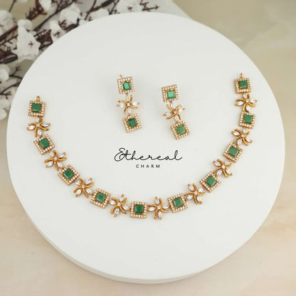 Elegant Green Square-Cut Necklace with Floral CZ Accents