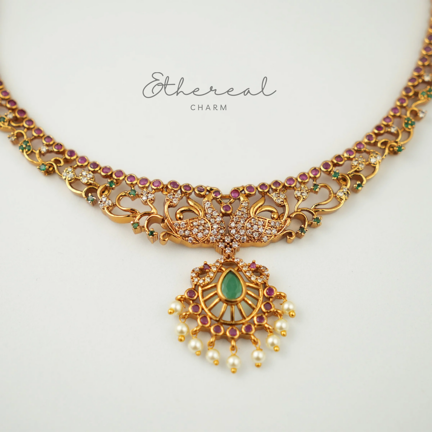 Peacock Charm: Traditional Pearl and Ruby Necklace Set