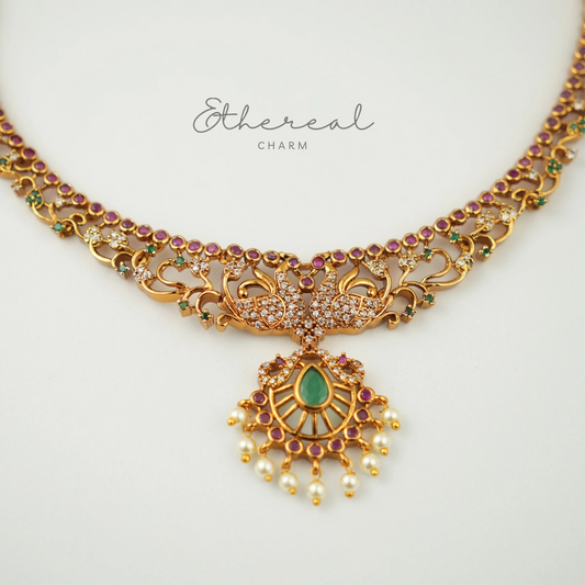 Peacock Charm: Traditional Pearl and Ruby Necklace Set