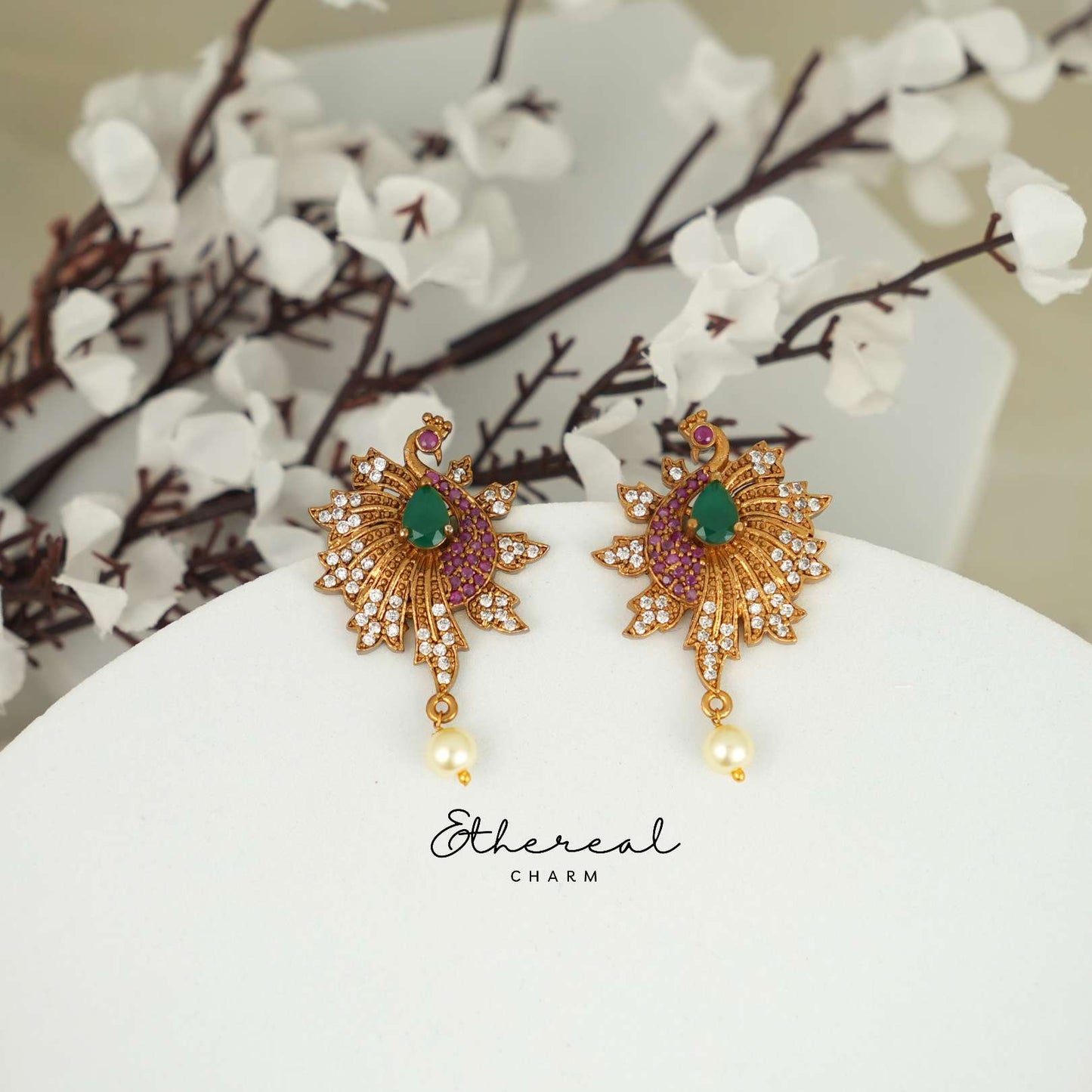 Majestic Peacock Pendant Necklace Set with Green Emerald Accents