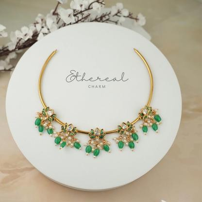 Lotus Design Necklace Set with Green Drops