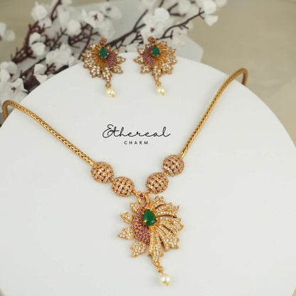 Majestic Peacock Pendant Necklace Set with Green Emerald Accents