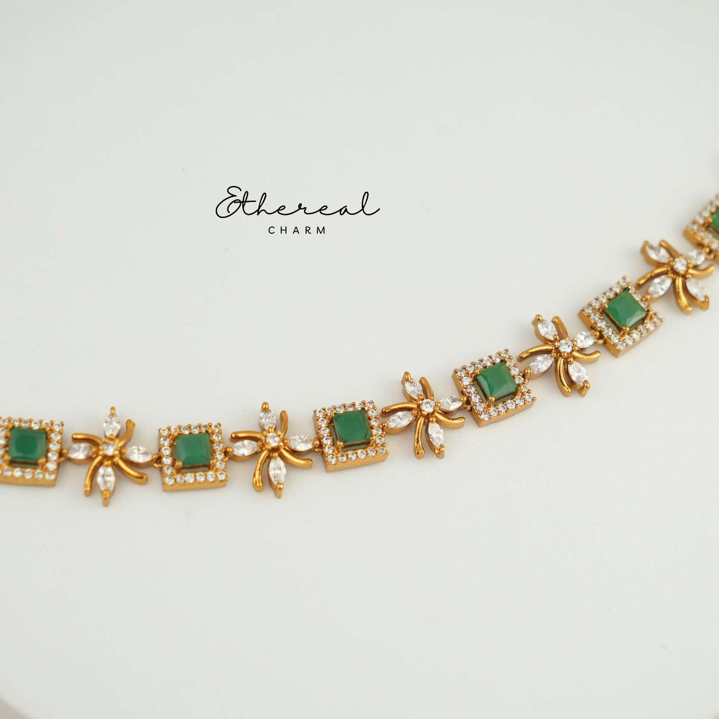 Elegant Green Square-Cut Necklace with Floral CZ Accents