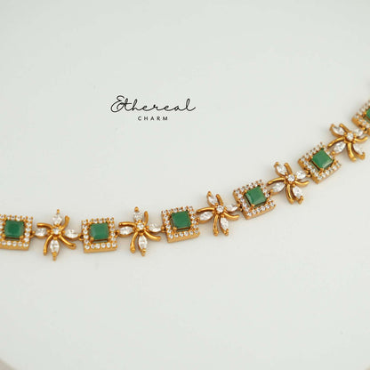 Elegant Green Square-Cut Necklace with Floral CZ Accents